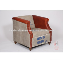 Industrial antique leather and canvas printed sofa